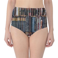 Assorted Title Of Books Piled In The Shelves Assorted Book Lot Inside The Wooden Shelf Classic High-waist Bikini Bottoms by Bedest