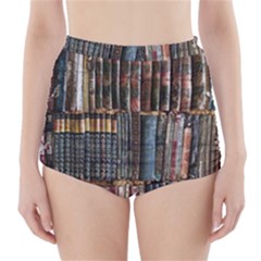 Assorted Title Of Books Piled In The Shelves Assorted Book Lot Inside The Wooden Shelf High-waisted Bikini Bottoms by Bedest