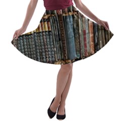 Assorted Title Of Books Piled In The Shelves Assorted Book Lot Inside The Wooden Shelf A-line Skater Skirt by Bedest