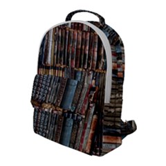 Assorted Title Of Books Piled In The Shelves Assorted Book Lot Inside The Wooden Shelf Flap Pocket Backpack (large) by Bedest