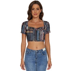 Assorted Title Of Books Piled In The Shelves Assorted Book Lot Inside The Wooden Shelf Short Sleeve Square Neckline Crop Top  by Bedest