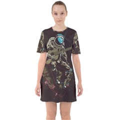 Astronaut Playing Guitar Parody Sixties Short Sleeve Mini Dress by Cemarart