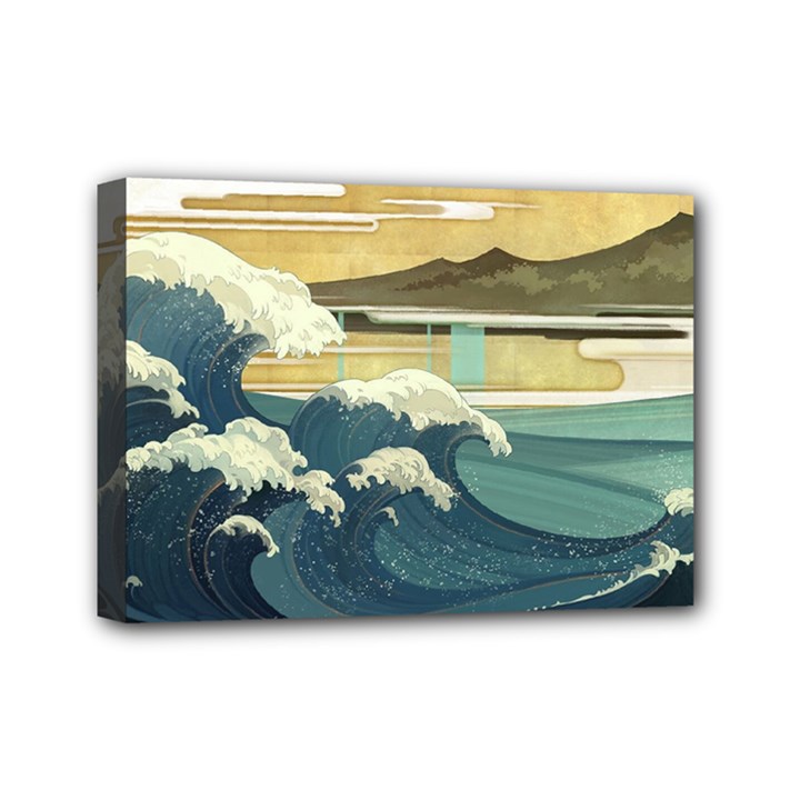 Sea Asia Waves Japanese Art The Great Wave Off Kanagawa Mini Canvas 7  x 5  (Stretched)