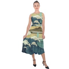 Sea Asia Waves Japanese Art The Great Wave Off Kanagawa Midi Tie-back Chiffon Dress by Cemarart