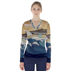 Sea Asia Waves Japanese Art The Great Wave Off Kanagawa V-neck Long Sleeve Top by Cemarart