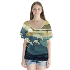 Sea Asia Waves Japanese Art The Great Wave Off Kanagawa V-neck Flutter Sleeve Top by Cemarart