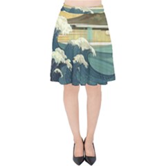 Sea Asia Waves Japanese Art The Great Wave Off Kanagawa Velvet High Waist Skirt by Cemarart