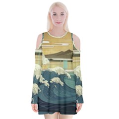 Sea Asia Waves Japanese Art The Great Wave Off Kanagawa Velvet Long Sleeve Shoulder Cutout Dress by Cemarart