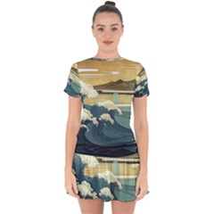 Sea Asia Waves Japanese Art The Great Wave Off Kanagawa Drop Hem Mini Chiffon Dress by Cemarart