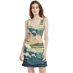 Sea Asia Waves Japanese Art The Great Wave Off Kanagawa Velour Cutout Dress by Cemarart