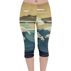 Sea Asia Waves Japanese Art The Great Wave Off Kanagawa Velvet Capri Leggings  by Cemarart