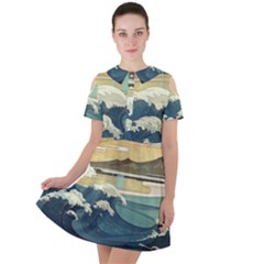 Sea Asia Waves Japanese Art The Great Wave Off Kanagawa Short Sleeve Shoulder Cut Out Dress  by Cemarart