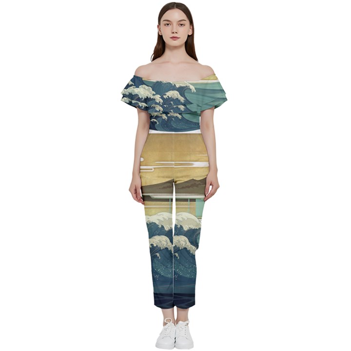 Sea Asia Waves Japanese Art The Great Wave Off Kanagawa Bardot Ruffle jumpsuit