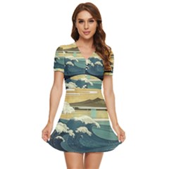 Sea Asia Waves Japanese Art The Great Wave Off Kanagawa V-neck High Waist Chiffon Mini Dress by Cemarart