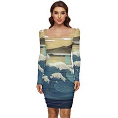 Sea Asia Waves Japanese Art The Great Wave Off Kanagawa Women Long Sleeve Ruched Stretch Jersey Dress by Cemarart