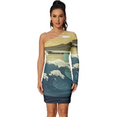 Sea Asia Waves Japanese Art The Great Wave Off Kanagawa Long Sleeve One Shoulder Mini Dress by Cemarart