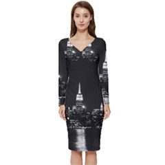 Photography Of Buildings New York City  Nyc Skyline Long Sleeve V-neck Bodycon Dress  by Cemarart