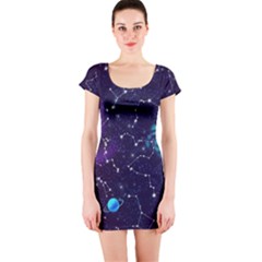 Realistic Night Sky With Constellations Short Sleeve Bodycon Dress by Cemarart