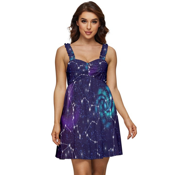 Realistic Night Sky With Constellations Ruffle Strap Babydoll Chiffon Dress