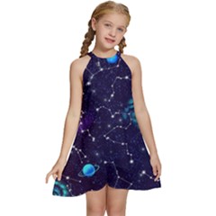 Realistic Night Sky With Constellations Kids  Halter Collar Waist Tie Chiffon Dress by Cemarart