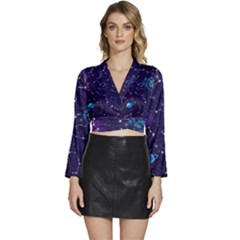 Realistic Night Sky With Constellations Long Sleeve Tie Back Satin Wrap Top by Cemarart