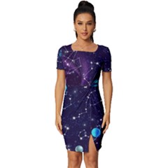 Realistic Night Sky With Constellations Fitted Knot Split End Bodycon Dress by Cemarart