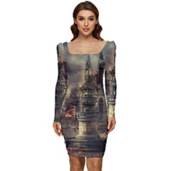 Braunschweig City Lower Saxony Women Long Sleeve Ruched Stretch Jersey Dress by Cemarart