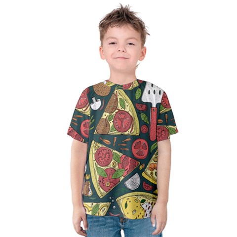 Seamless Pizza Slice Pattern Illustration Great Pizzeria Background Kids  Cotton T-shirt by Cemarart