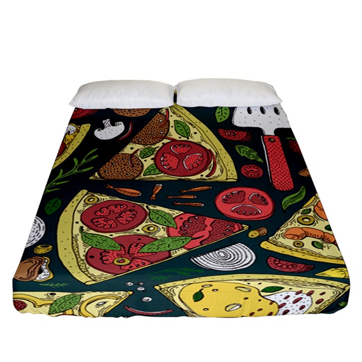 Seamless Pizza Slice Pattern Illustration Great Pizzeria Background Fitted Sheet (California King Size)