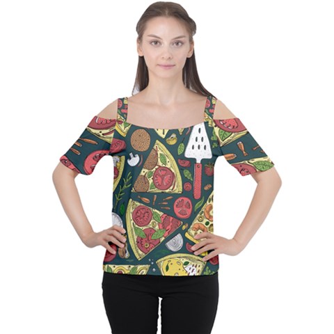 Seamless Pizza Slice Pattern Illustration Great Pizzeria Background Cutout Shoulder T-shirt by Cemarart