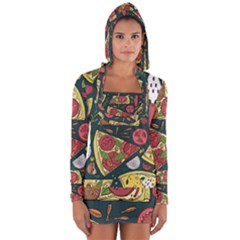 Seamless Pizza Slice Pattern Illustration Great Pizzeria Background Long Sleeve Hooded T-shirt by Cemarart