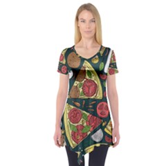 Seamless Pizza Slice Pattern Illustration Great Pizzeria Background Short Sleeve Tunic  by Cemarart