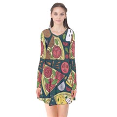 Seamless Pizza Slice Pattern Illustration Great Pizzeria Background Long Sleeve V-neck Flare Dress by Cemarart