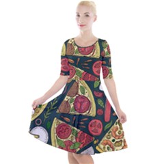 Seamless Pizza Slice Pattern Illustration Great Pizzeria Background Quarter Sleeve A-line Dress by Cemarart