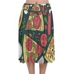 Seamless Pizza Slice Pattern Illustration Great Pizzeria Background Velvet Flared Midi Skirt by Cemarart