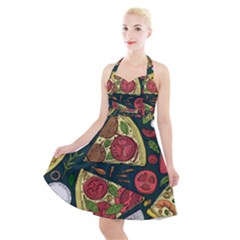 Seamless Pizza Slice Pattern Illustration Great Pizzeria Background Halter Party Swing Dress  by Cemarart