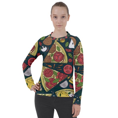 Seamless Pizza Slice Pattern Illustration Great Pizzeria Background Women s Pique Long Sleeve T-shirt by Cemarart