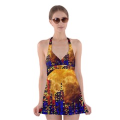 Skyline Frankfurt Abstract Moon Halter Dress Swimsuit  by Cemarart