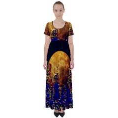 Skyline Frankfurt Abstract Moon High Waist Short Sleeve Maxi Dress by Cemarart