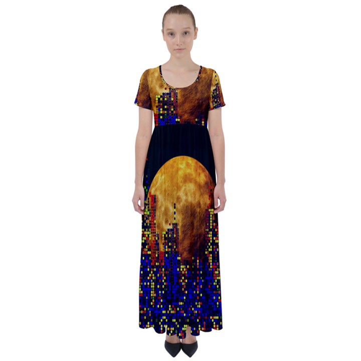 Skyline Frankfurt Abstract Moon High Waist Short Sleeve Maxi Dress