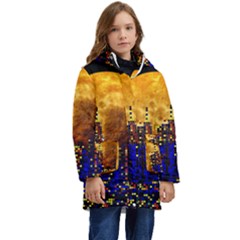 Skyline Frankfurt Abstract Moon Kids  Hooded Longline Puffer Jacket by Cemarart