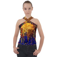 Skyline Frankfurt Abstract Moon Cross Neck Velour Top by Cemarart