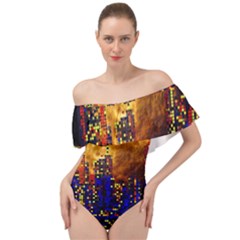 Skyline Frankfurt Abstract Moon Off Shoulder Velour Bodysuit  by Cemarart