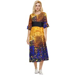 Skyline Frankfurt Abstract Moon Double Cuff Midi Dress by Cemarart