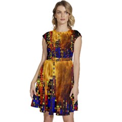 Skyline Frankfurt Abstract Moon Cap Sleeve High Waist Dress by Cemarart