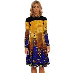 Skyline Frankfurt Abstract Moon Long Sleeve Shirt Collar A-line Dress by Cemarart