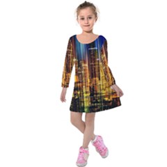 Skyline Light Rays Gloss Upgrade Kids  Long Sleeve Velvet Dress by Cemarart