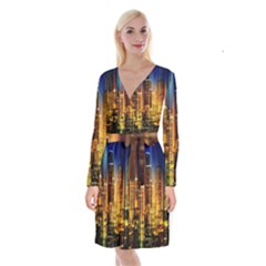 Skyline Light Rays Gloss Upgrade Long Sleeve Velvet Front Wrap Dress by Cemarart