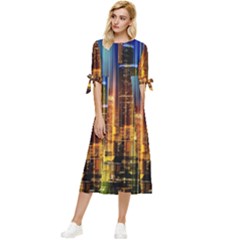 Skyline Light Rays Gloss Upgrade Bow Sleeve Chiffon Midi Dress by Cemarart