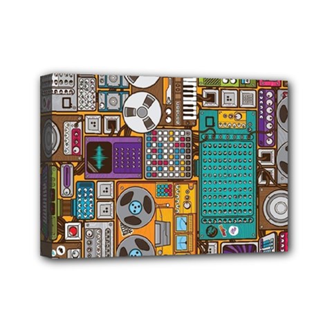 Pattern Design Art Techno  Dj Music Retro Music Device Mini Canvas 7  X 5  (stretched) by Cemarart